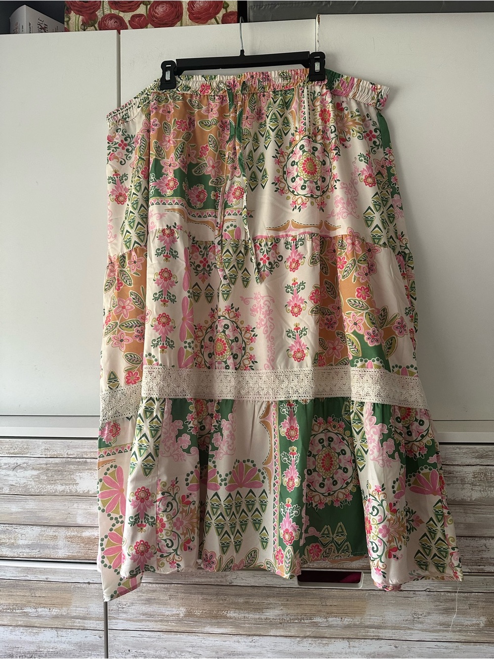 🌸 Cupio Blush 3X Floral Patchwork Maxi Skirt Lace Trim Elastic Waist NWT